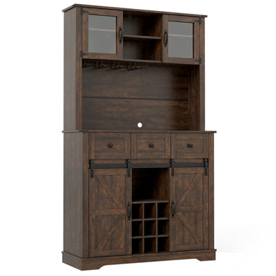 72 Inch Coffee Bar Cabinet with Drawers and Sliding Barn Doors-Brown