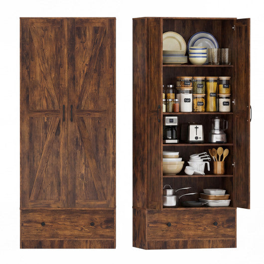 72 Inch Tall Kitchen Pantry Cabinet Farmhouse Wooden Cupboard with 2 Doors-Rustic Brown