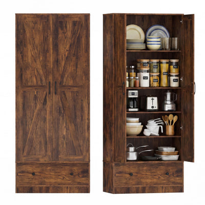 72 Inch Tall Kitchen Pantry Cabinet Farmhouse Wooden Cupboard with 2 Doors-Rustic Brown