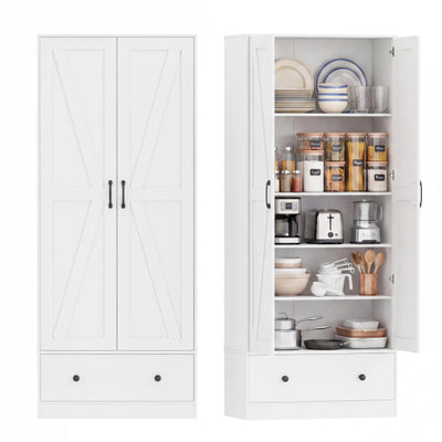 72 Inch Tall Kitchen Pantry Cabinet Farmhouse Wooden Cupboard with 2 Doors-White
