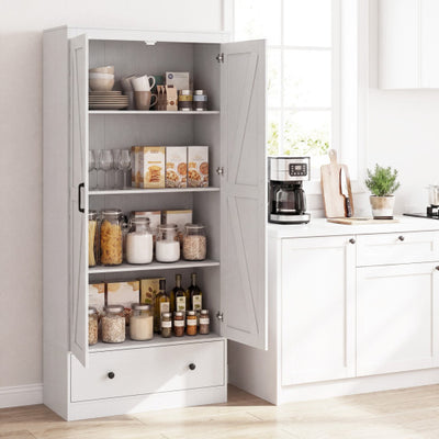 72 Inch Tall Kitchen Pantry Cabinet Farmhouse Wooden Cupboard with 2 Doors-White