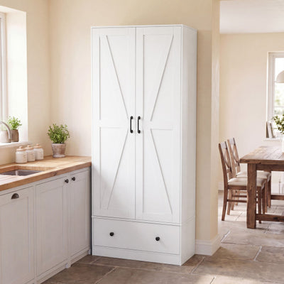 72 Inch Tall Kitchen Pantry Cabinet Farmhouse Wooden Cupboard with 2 Doors-White