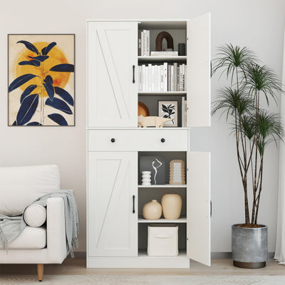 72 Inch Tall Modern Farmhouse Cupboard Cabinet with 4 Barn Doors-White