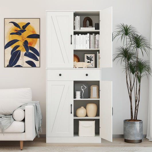 72 Inch Tall Modern Farmhouse Cupboard Cabinet with 4 Barn Doors-White