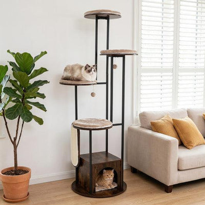 72-Inch Tall Multi-Level Cat Condo with Top Perch Platforms and Removable Washable Mats-Rustic Brown