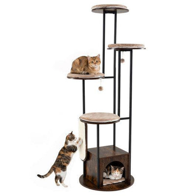 72-Inch Tall Multi-Level Cat Condo with Top Perch Platforms and Removable Washable Mats-Rustic Brown