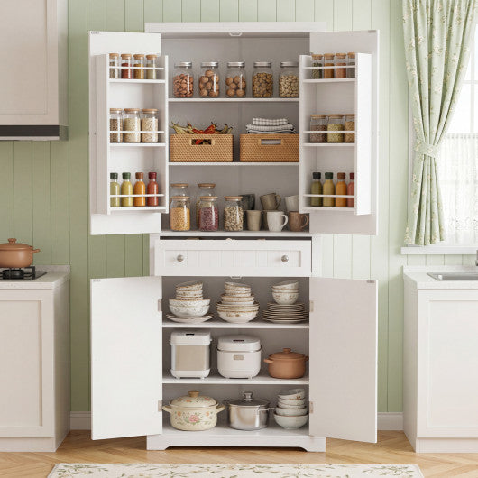 72” Tall Kitchen Cabinet  Pantry Storage Cabinet with 4 Fluted Doors and 6 Door Shelves-White
