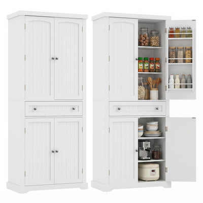 72” Tall Kitchen Cabinet  Pantry Storage Cabinet with 4 Fluted Doors and 6 Door Shelves-White