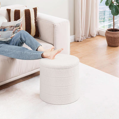 Round Storage Ottoman With Tray White VelvetFabric