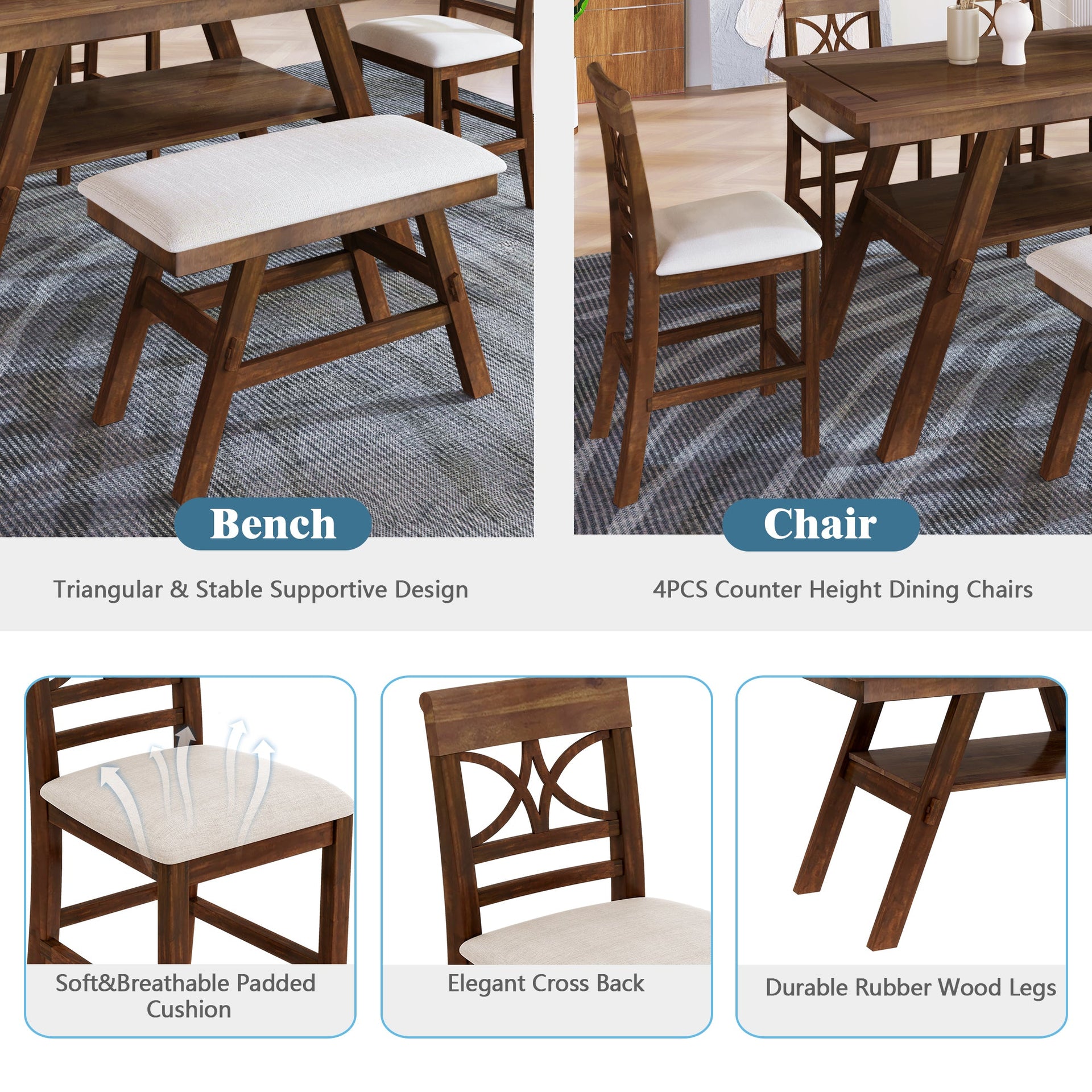 6-Piece Wood Counter Height Dining Table Set with Storage Shelf, Kitchen Table Set with Bench and 4 Chairs,Rustic Style, Walnut+Beige Cushion
