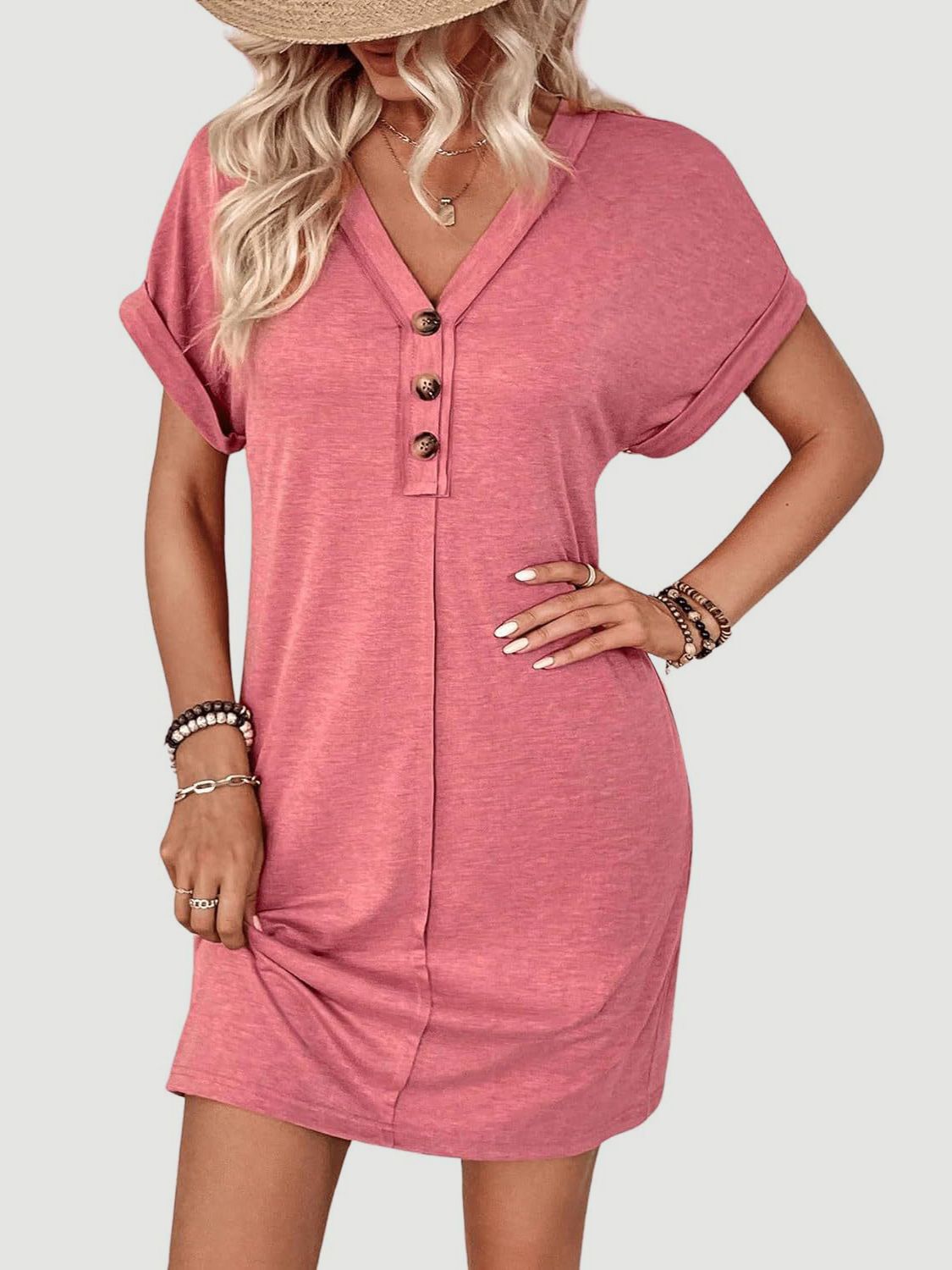 Elegant Button V-Neck Short Sleeve Dress Flattering Casual & Office Wear Simple Dress
