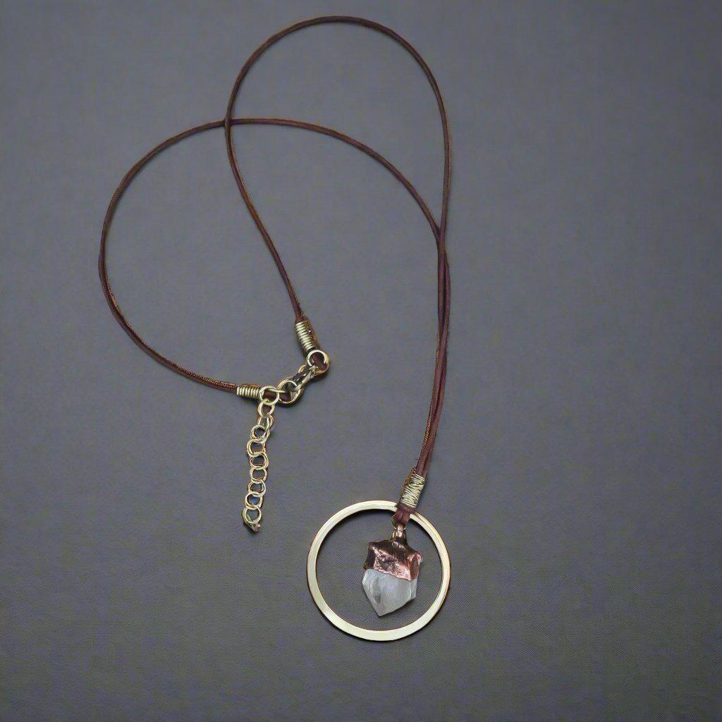Brass Leather Quartz Point Necklace Grounded | By Blackbird & Sage