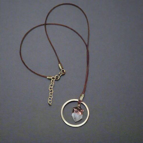 Brass Leather Quartz Point Necklace Grounded | By Blackbird & Sage