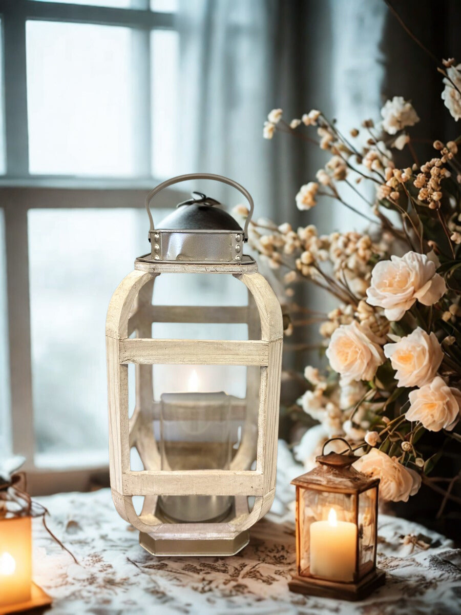 WOOD WITH METAL WHITE LANTERN CANDLE HOLDER