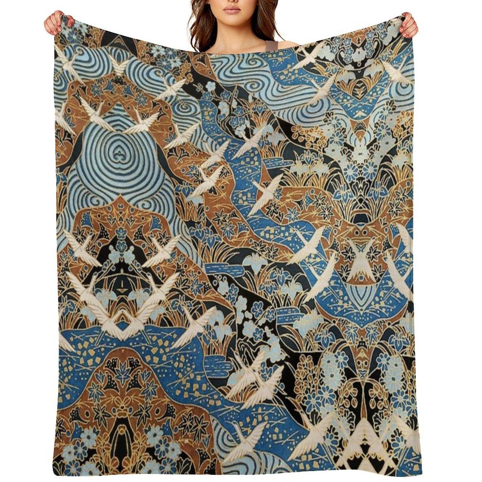 FLYING WHITE CRANES ON BLUE WATER AND SPRING FLOWERS  Antique Japanese Floral Throw Blanket