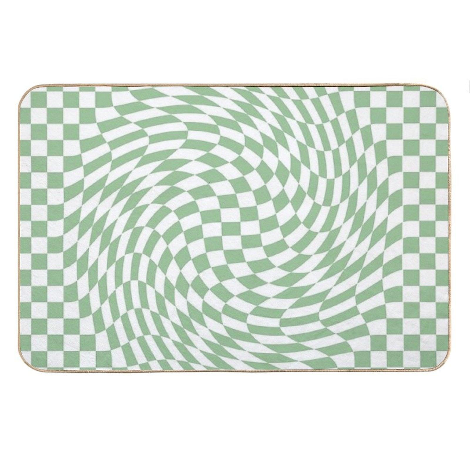 Sage Green And White Checker Warp Pattern Bath Mat