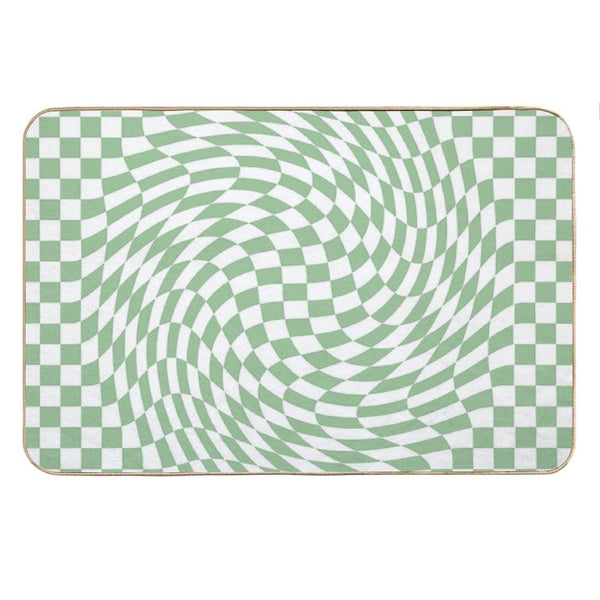 Sage Green And White Checker Warp Pattern Bath Mat