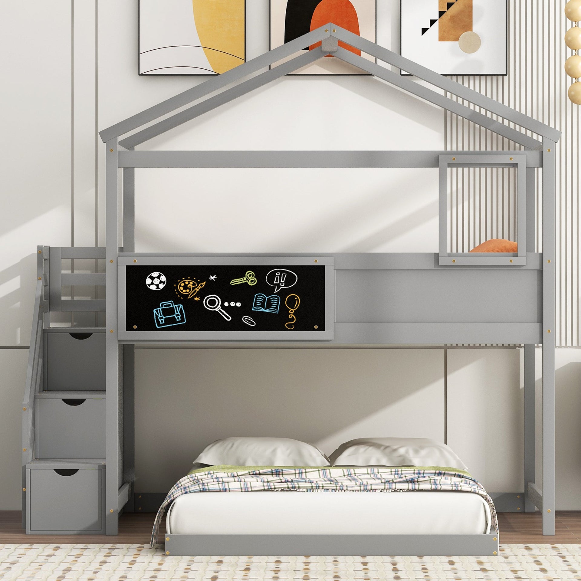 Twin over Full House Bunk Bed with Storage Staircase and Blackboard Gray
