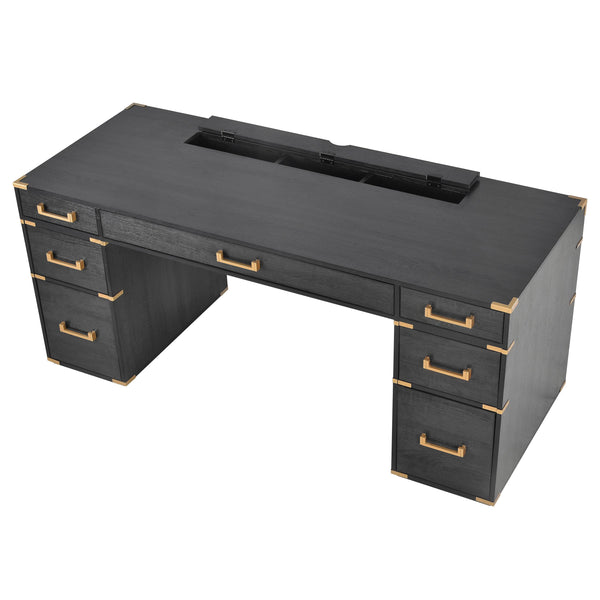 70 inch classic and traditional executive desk with metal trim, writing desk with 2 file drawers, USB ports, and sockets, black