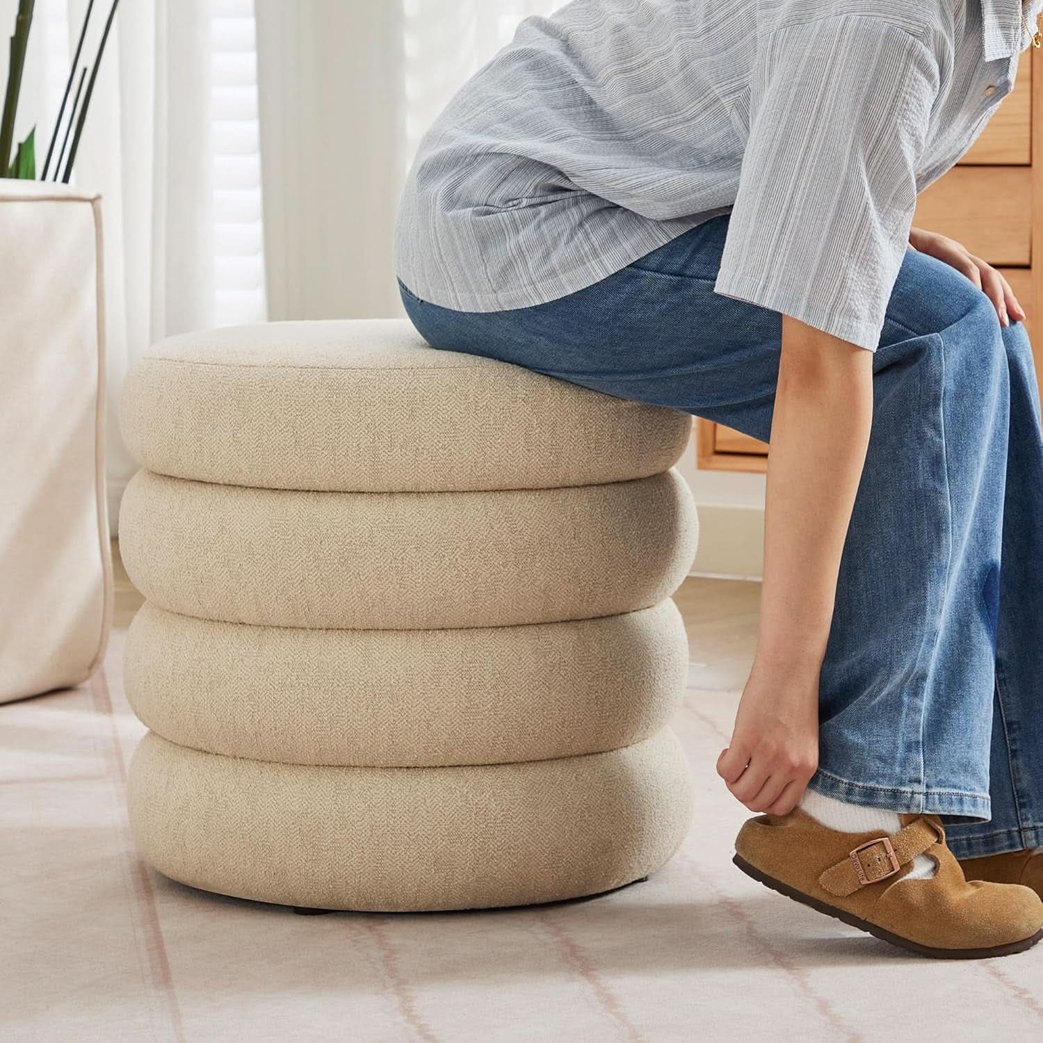 Beige Linen Upholstered Round Storage Ottoman Removable Lid