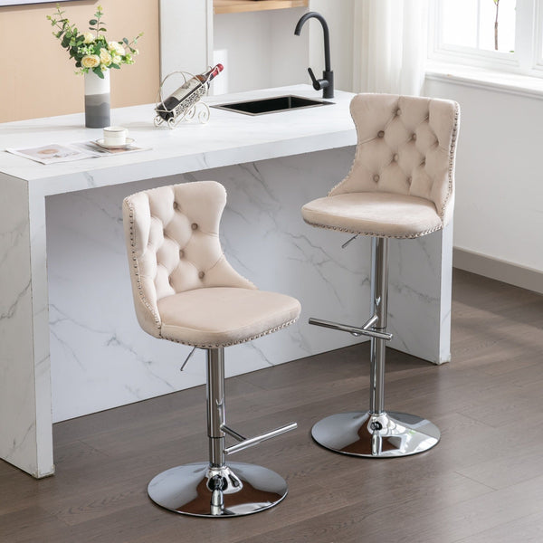 Modern Velvet Swivel Barstools with Adjustable Seat Height and Chrome Base