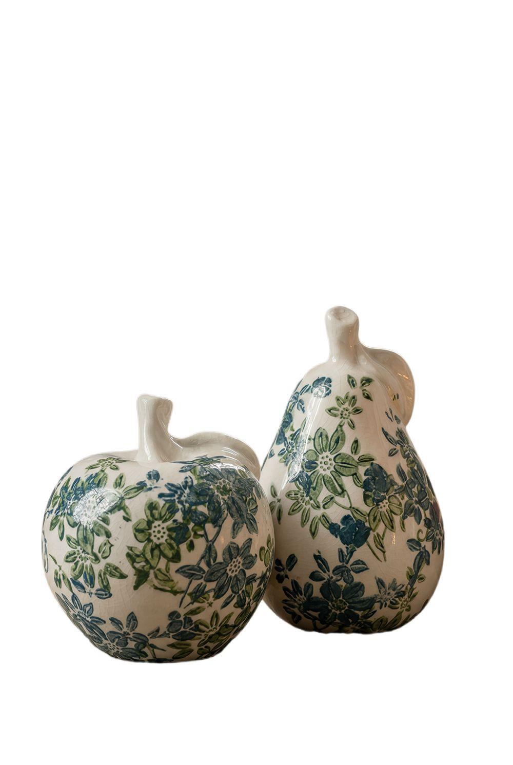Set of 2 Floral Ceramic Pear and Apple Decor