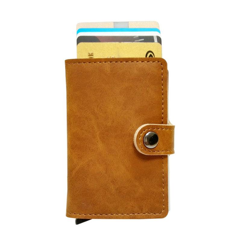 RFID Protected Vintage Automatic Leather Credit Card Holder Men Aluminum Alloy Hasp Business ID Multifunction Cardholder Wallet