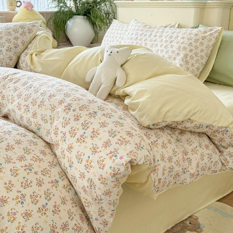 Double Gauze Four-Piece Set Jacquard Small Bamboo Cotton Three-Piece Set Student Dormitory INS Fresh Floral Bedding