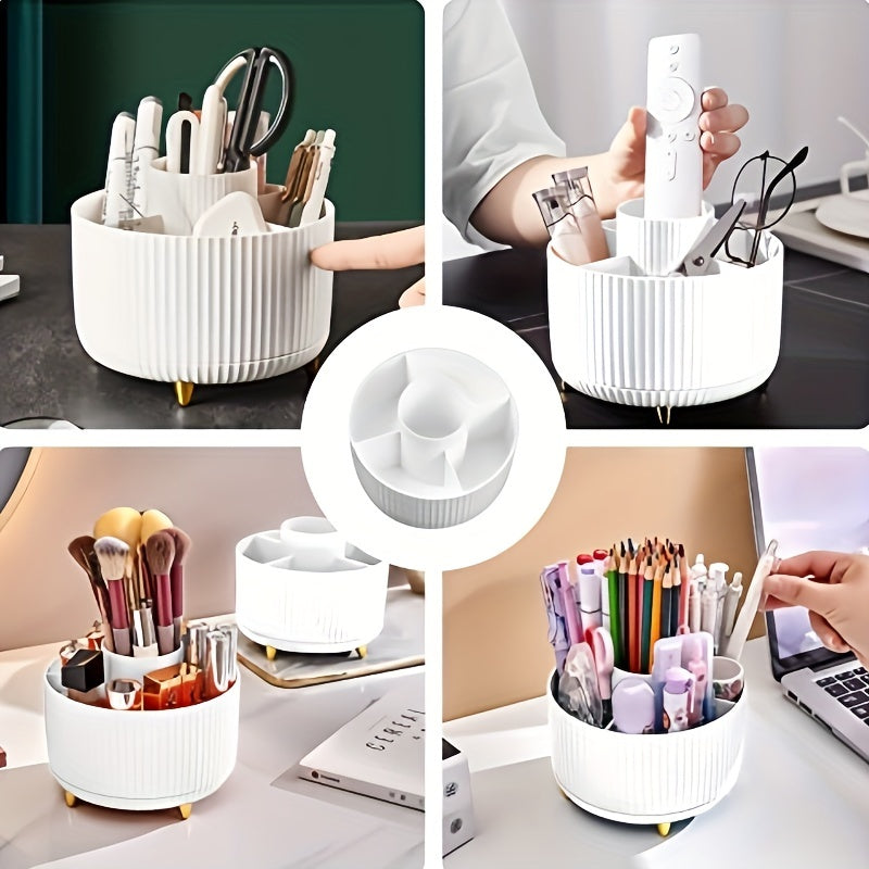 360° Rotating Makeup Organizer - 1pc Plastic Cosmetic Storage with 5 Compartments - Multi-Functional Holder for Brushes, Lipsticks, Skin Care Products, and Stationery - Durable Unscented Desk Caddy with Luxury Stripe Design DSers Fulfillment
