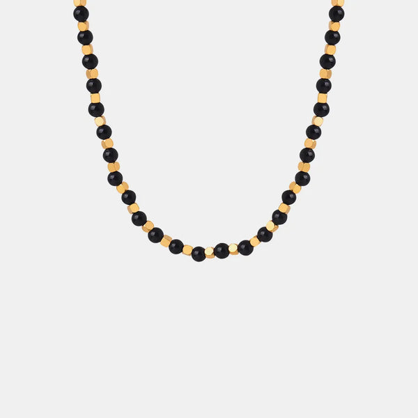 Square titanium steel gold-plated natural black agate stone handmade bead necklace jewelry for women