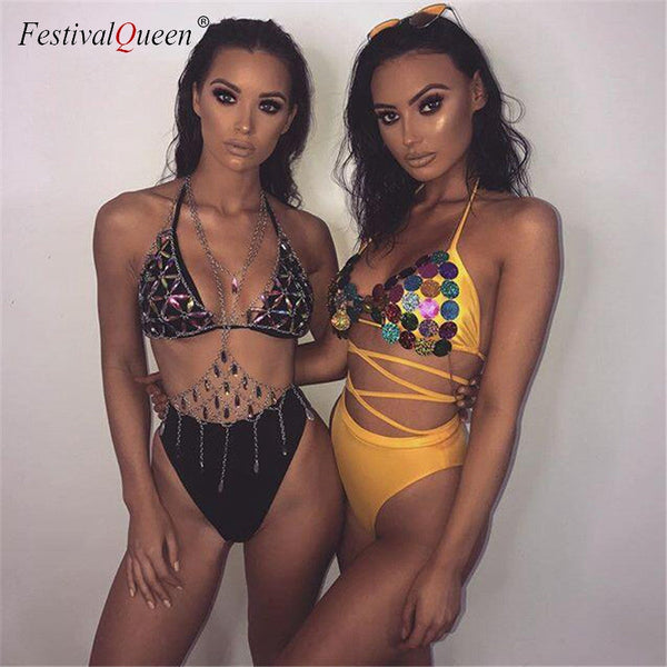 Queen Bling Metal Tassel Details Tank Tops Festival Rave Clothing Summer Sexy Backless Rave Body Chain Beach Tops