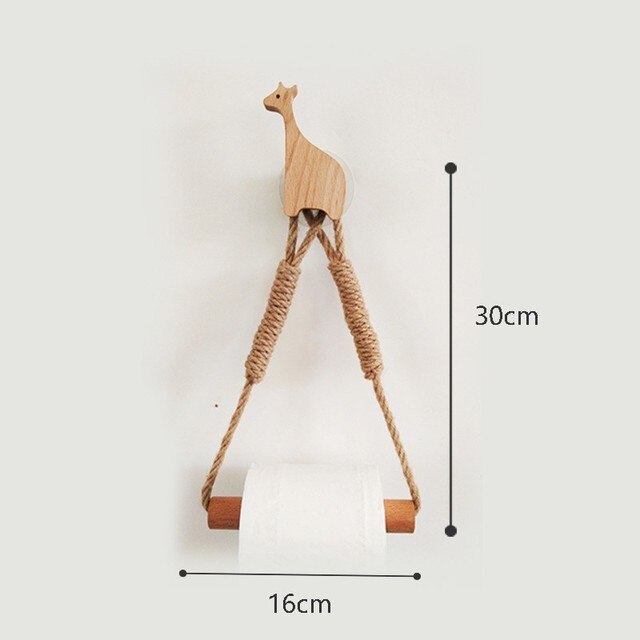 Nordic Indoor Wooden Solid Wood Hemp Rope Animal Tissue Holder Children's Room Decoration Wall Hanger Hemp Rope Hook Toilet Paper Holder
