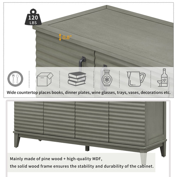 TREXM side panel with 4-door large storage buffet, adjustable shelves and metal handles (antique gray)