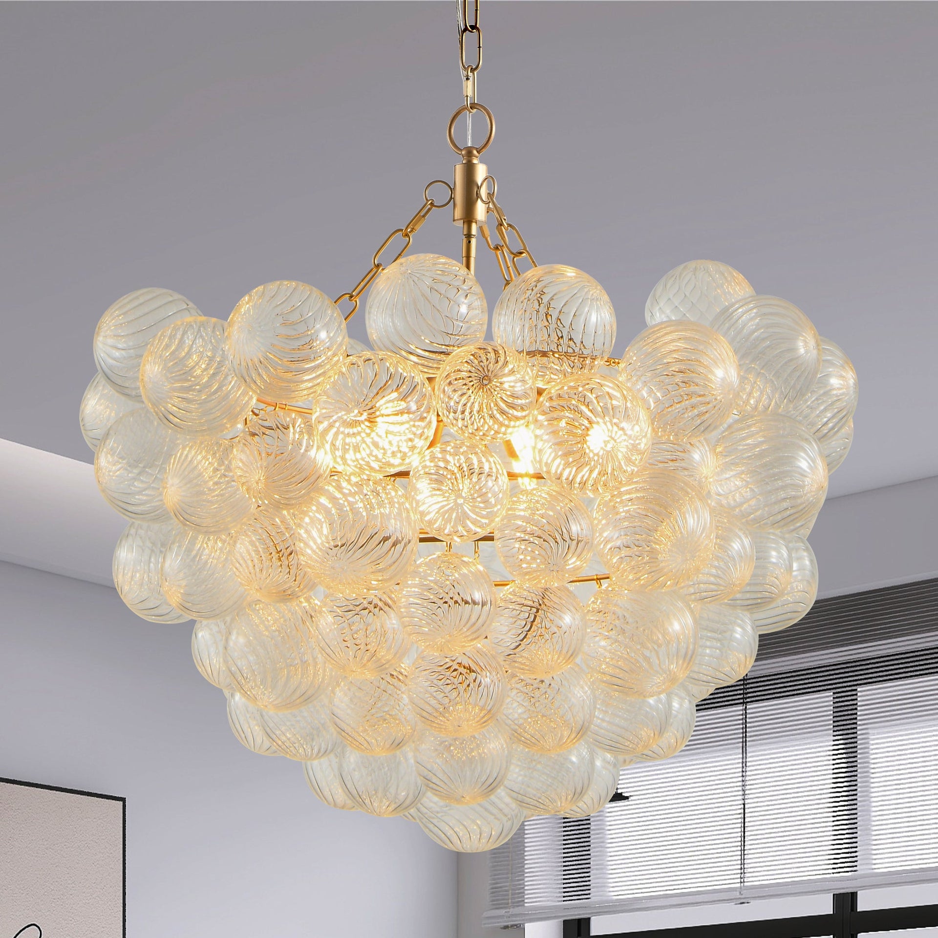 Gold Pendant Chandelier with Threaded Clear Glass Globe Shade for Living, Dining & Kitchen