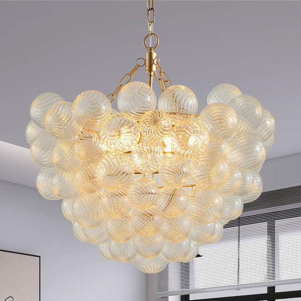 Gold Pendant Chandelier with Threaded Clear Glass Globe Shade for Living, Dining & Kitchen