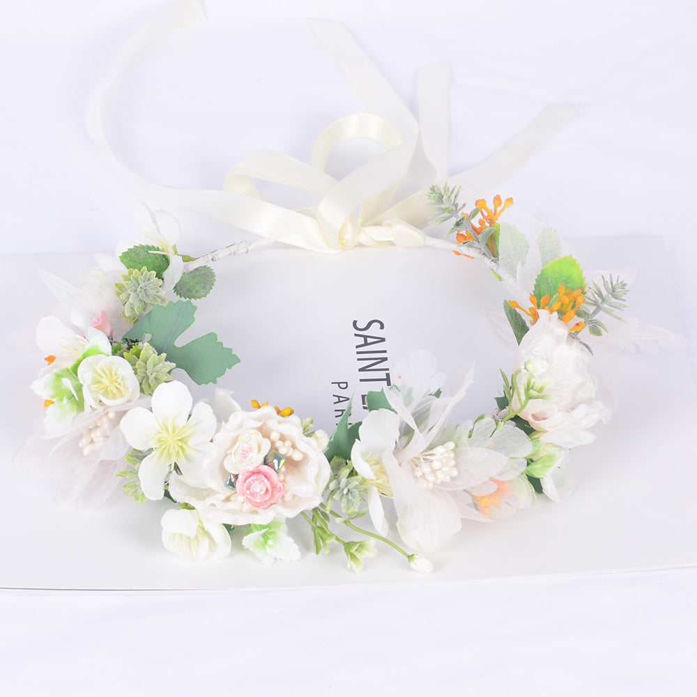 Korean style super fairy bride headdress simulation flower green leaf hair accessory sweet girl Hanfu wedding headdress wreath