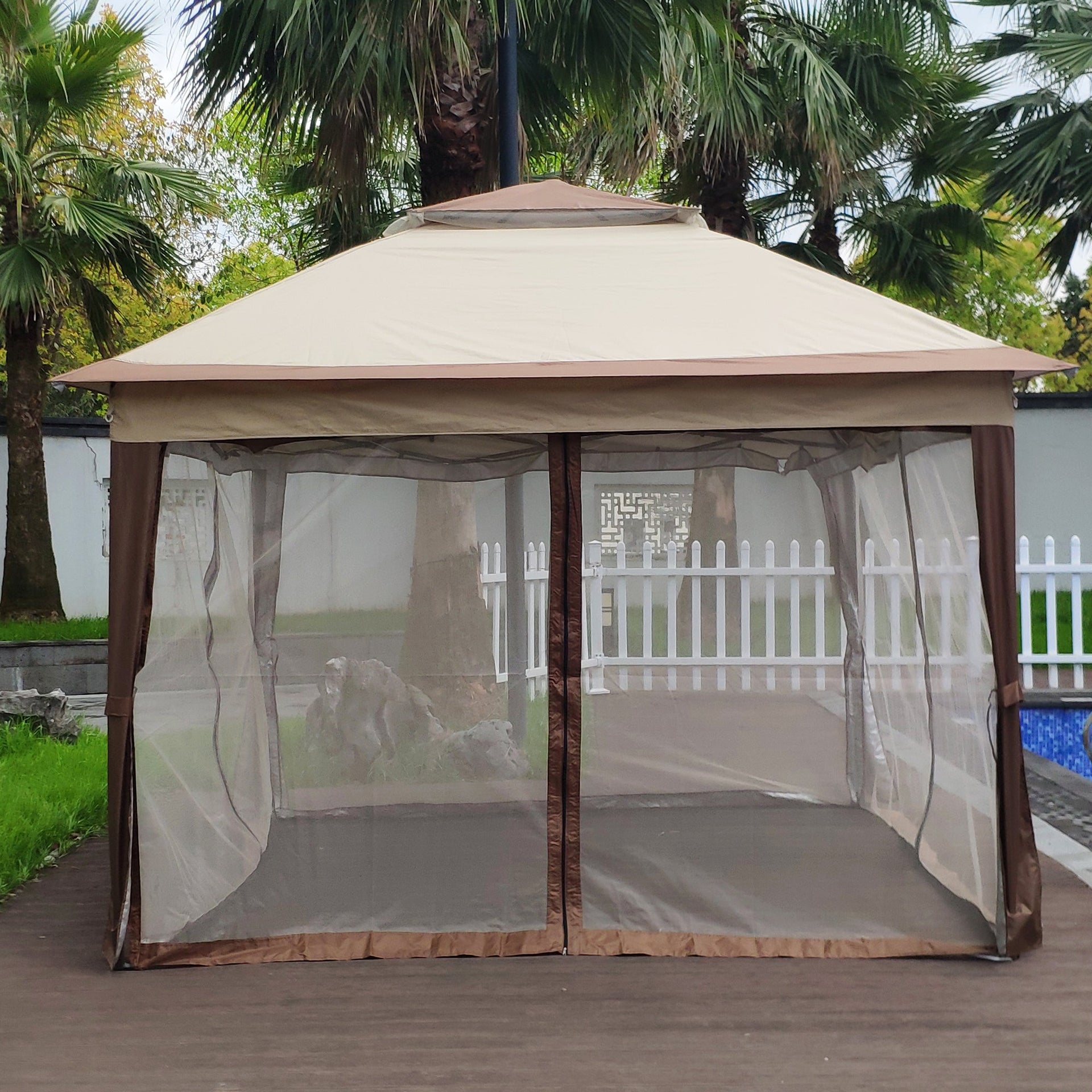 Outdoor Pop-Up Gazebo Canopy 11 x 11 ft (132 x 132 inch) with 2-Tier Soft Top and Removable Zipper Netting - Coffee Metal