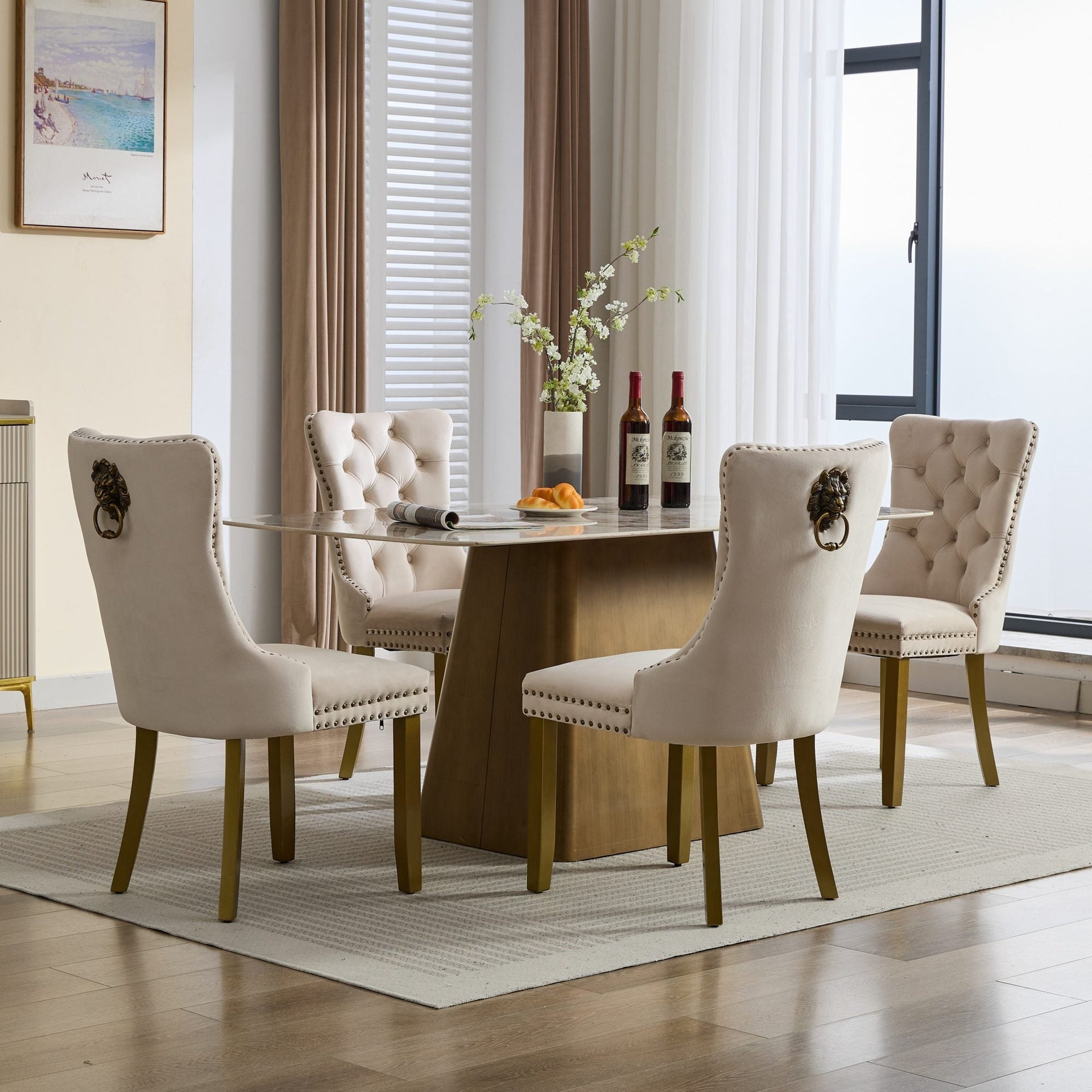 Mid-Century Modern Tufted Velvet Dining Chairs with Lion Head Pull Ring and Nailhead Trim