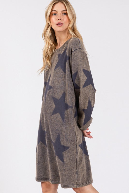 Modern Star Print Round Neck Dress Casual And Trendy Women’s Comfortable Soft Dress
