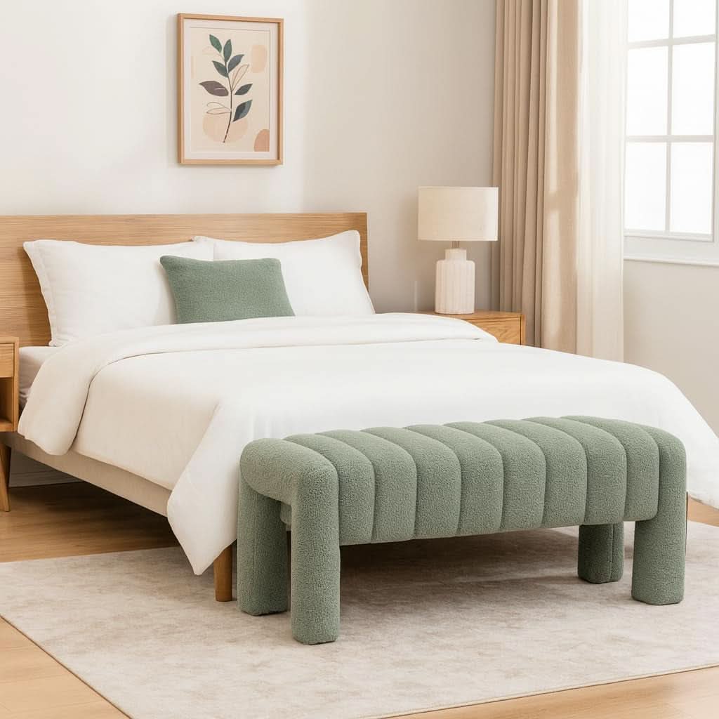 42.5 Inches Upholstered Ottoman Bench Boucle Fabric