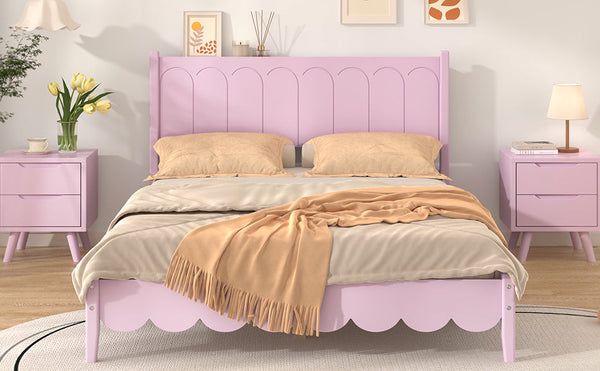 Full Size Wood Platform Bed Frame, Retro Style Bed with Rectangular Headboard,No Need Box Spring,Pink