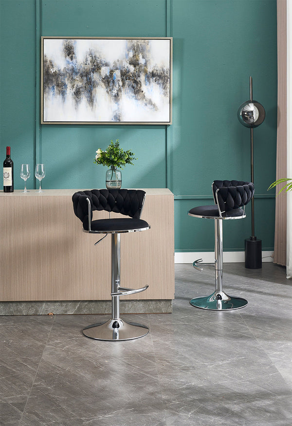 Set of 2 Bar Stools with Chrome Footrest & Base Swivel Height Adjustable Velvet