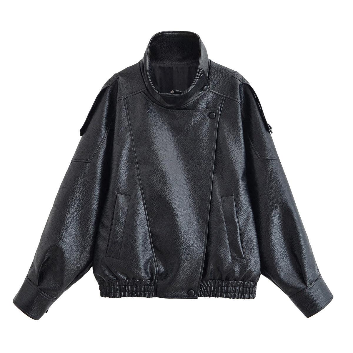 Women's Graceful Stand Collar Wholesale Litchi Leather Jacket