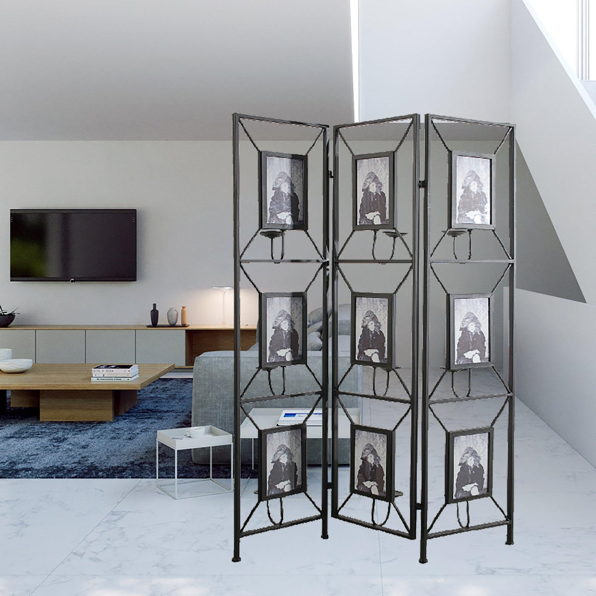 Vintage Black Metal Room Divider with Photo Frames, Antique Mirrors & Candle Holders