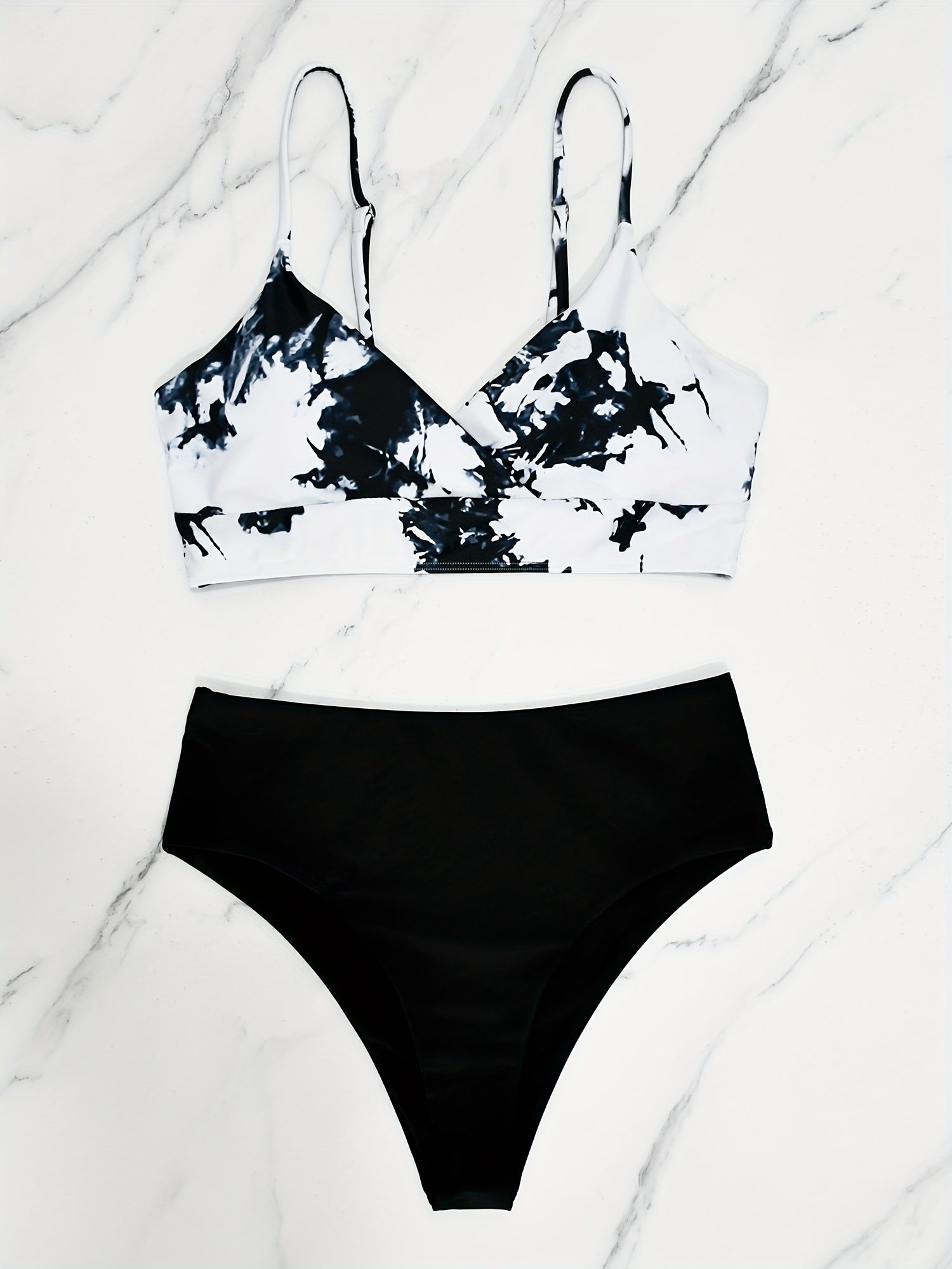 Coastal Flair V-Neck Bikini Set – Eye-Catching Random Print Two-Piece Chic Swimsuit with Spaghetti Straps High Cut Shorts and Ultra-Stretch Comfort – Women’s Summer Swimwear for Beach Days & Casual Poolside Vibes