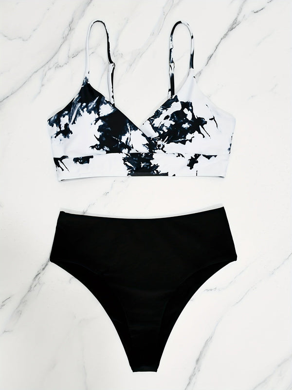 Coastal Flair V-Neck Bikini Set – Eye-Catching Random Print Two-Piece Chic Swimsuit with Spaghetti Straps High Cut Shorts and Ultra-Stretch Comfort – Women’s Summer Swimwear for Beach Days & Casual Poolside Vibes