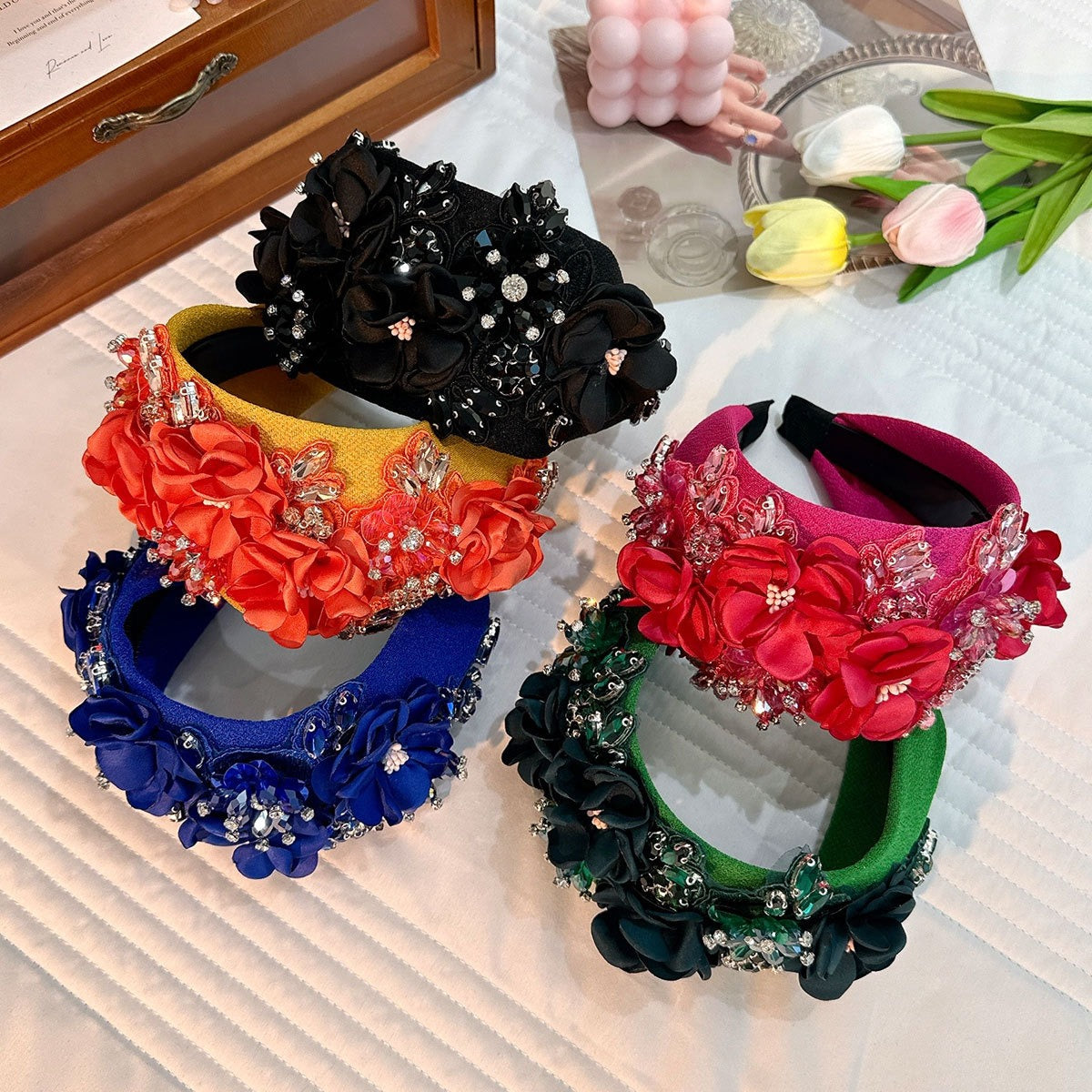 Solid color fabric flower oversized wide edged crystal headband