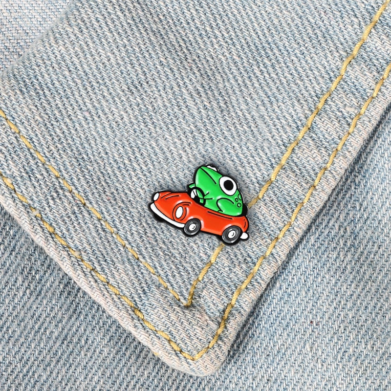 Frog Driver Enamel Pin Small Red Car Brooch Backpack Clothes Lapel Funny Animal Frog Jewelry Gift for Friends Children