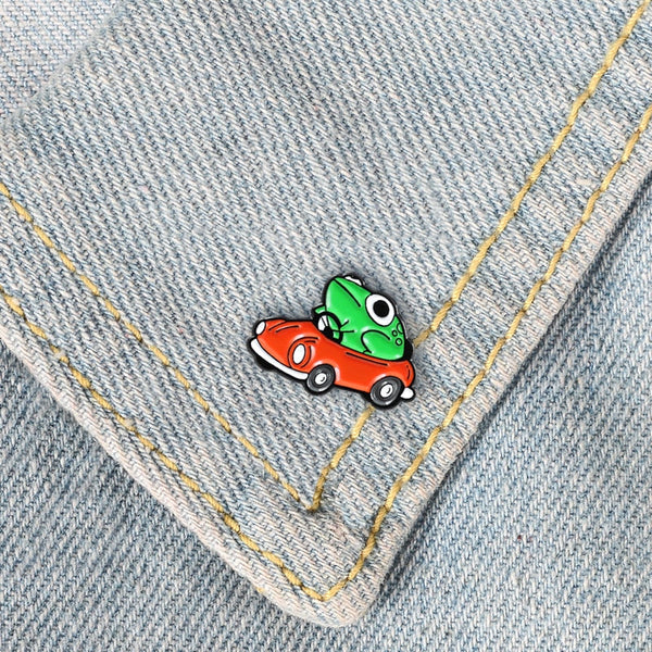 Frog Driver Enamel Pin Small Red Car Brooch Backpack Clothes Lapel Funny Animal Frog Jewelry Gift for Friends Children