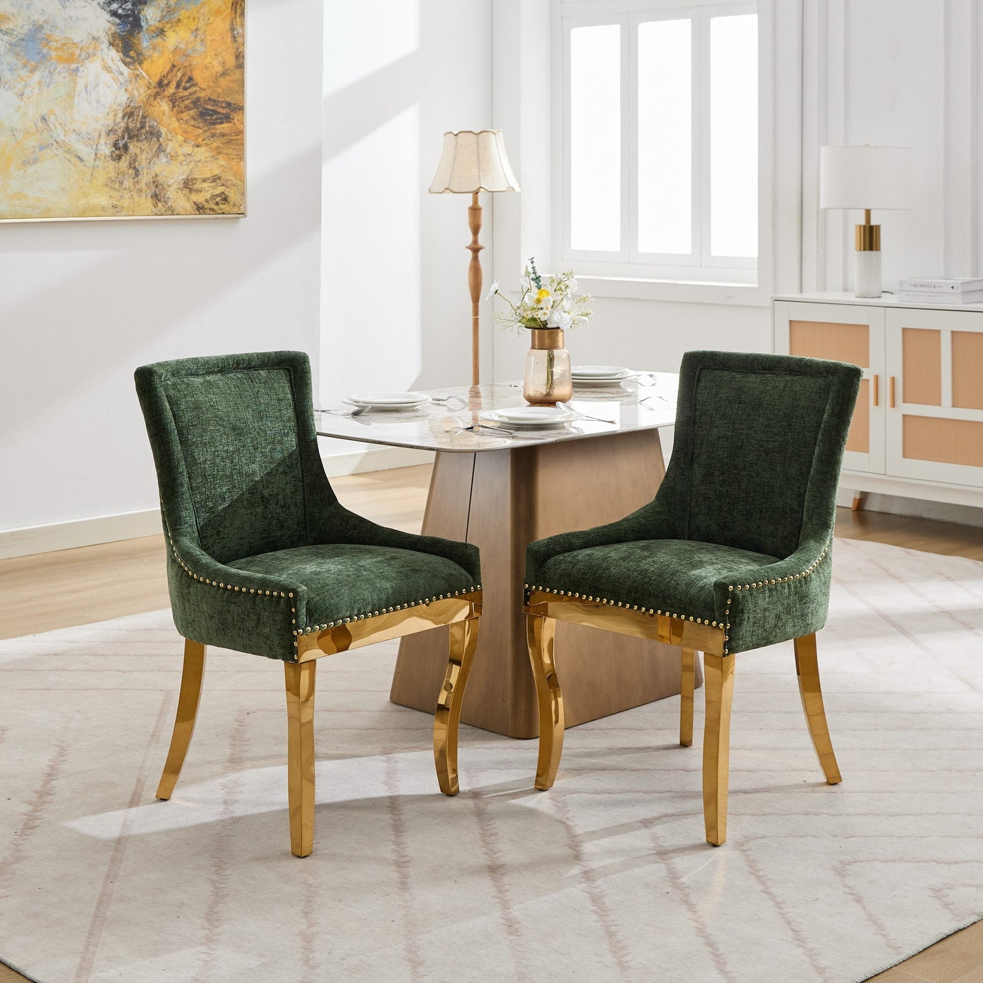 Chenille Dining Chairs Modern Style with Curved Gold-Plated Legs & Rivet Trim